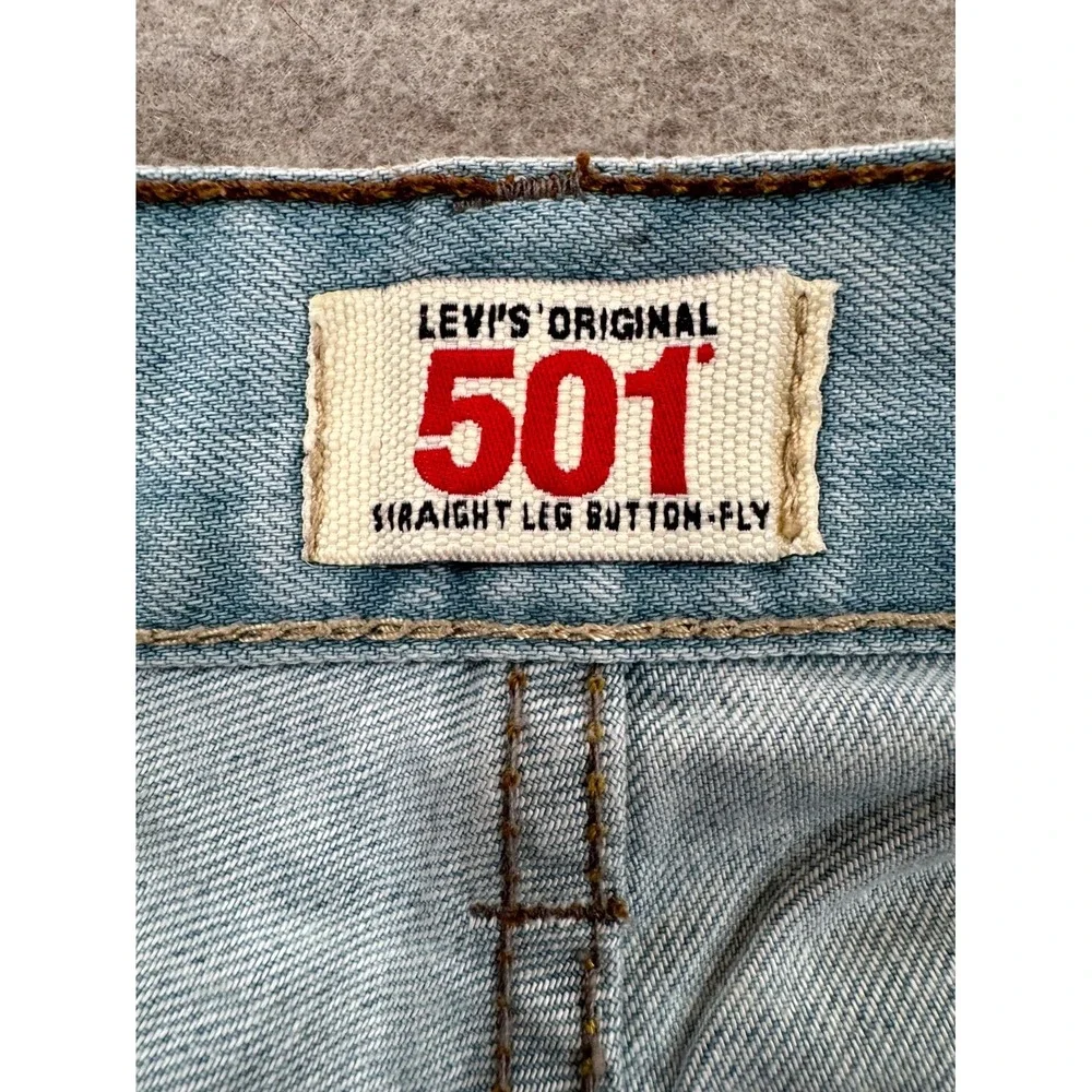 Levi's 501 Jeans Mens 36x34 Light Blue Denim Distressed Straight Leg Button Fly